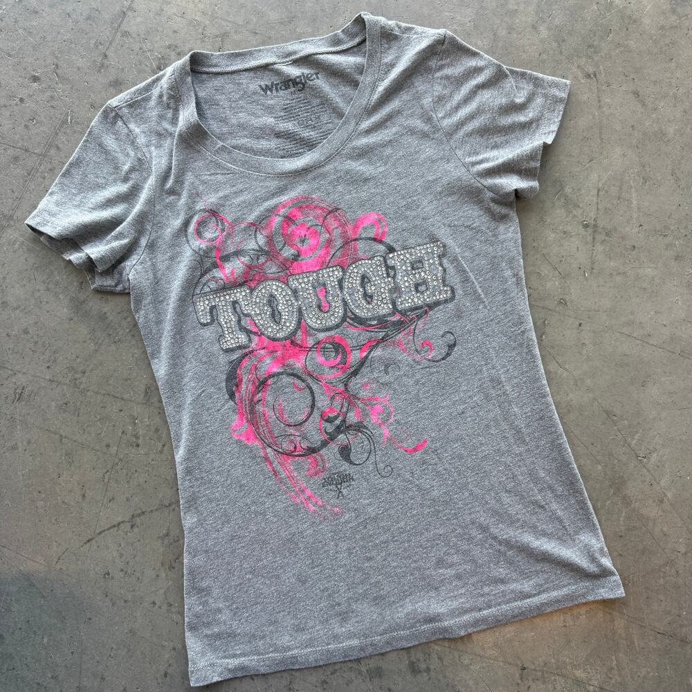 Vintage Y2k Wrangler Tough Mcbling Rhinestone Grey Pink Graphic Baby Tee Medium